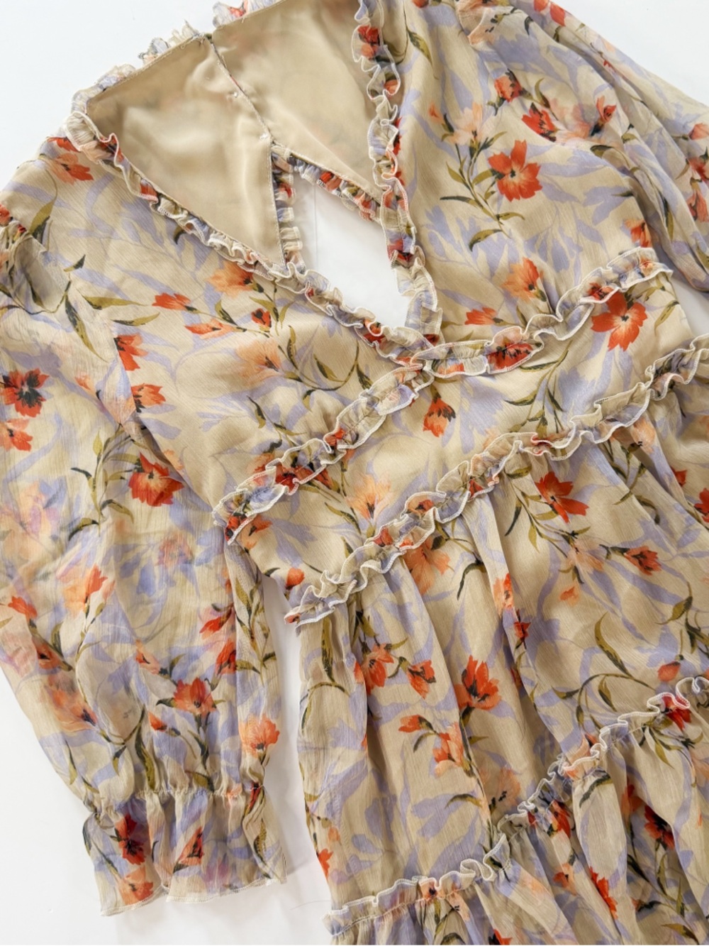 Vici Dress Womens Beige Floral Chiffon Ruffled Mini Boho Peasant - Picture 3 of 9